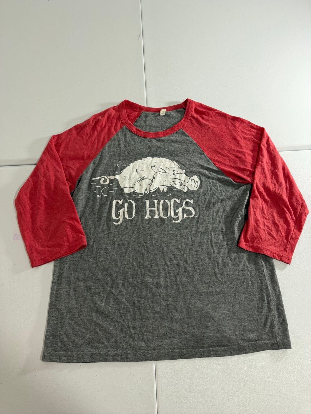 Arkansas Razorbacks Raglan Shirt Go Hogs Gray Red 3/4 Sleeve College Baseball